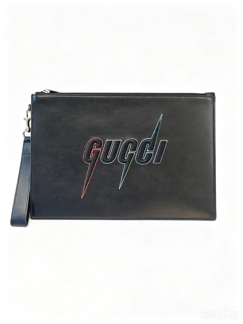 Gucci Black Leather Wrist Pouch with Rainbow Logo